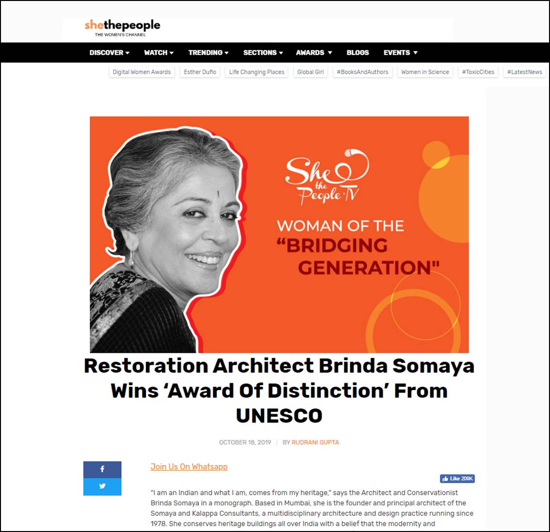 Restoration Architect Brinda Somaya wins 'Award of Distinction' From UNESCO, She the people- October 2019